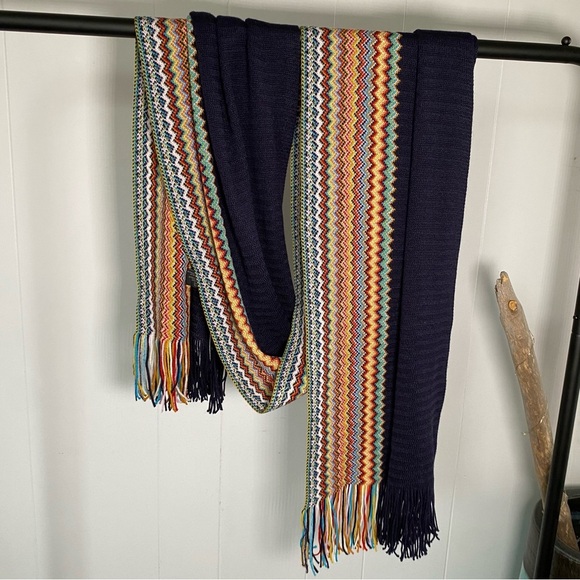 Missoni Wool Blend Knit Zigzag Designer Scarf Fringe Multicolour Blue Italy - Picture 11 of 11
